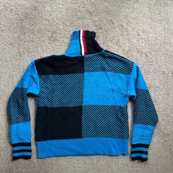 Tommy Hilfiger Sweater Mens XL Turtleneck Wool Black Blue Pullover Tight Knit - Picture 2 of 11